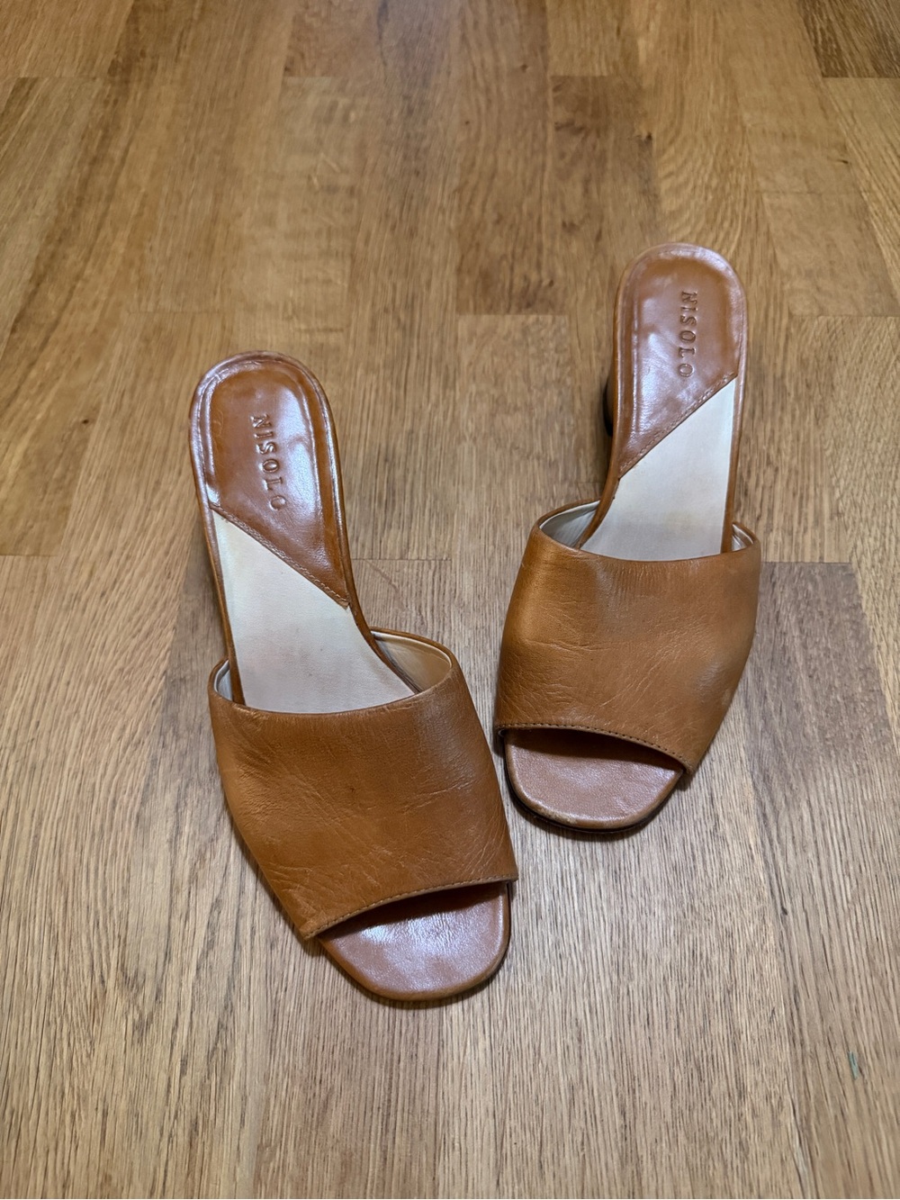 Nisolo 6.5 Tan Brow Leather Open Toe Slip On Mule Sandal Heels